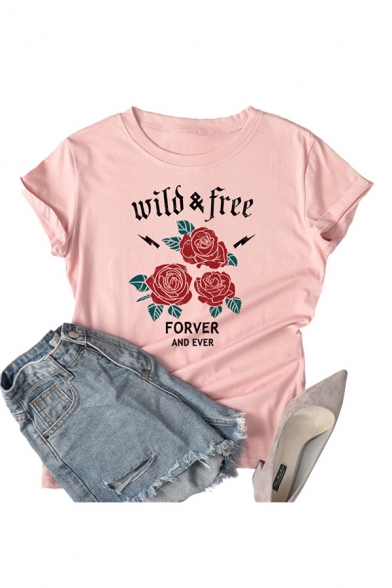 Pretty Ladies Letter Wild Free Floral Graphic Roll up Sleeves Round Neck Fitted Tee