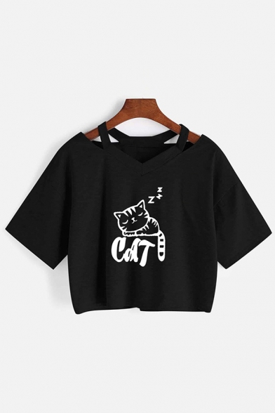 Sexy Girls Letter Cat Graphic Short Sleeve Cold Shoulder Relaxed Fit Crop Tee Top in Black