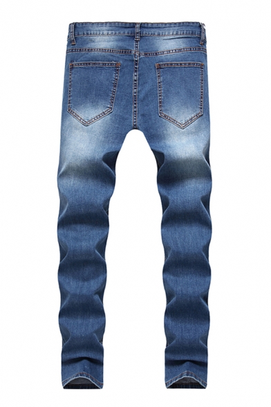 Stylish Distressed Zipper Fly Pocket Mid Rise Slim Fitted Full Length Jeans for Men