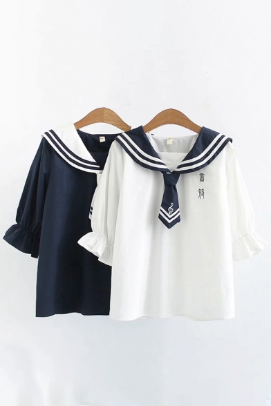 Stylish Girls Letter Embroidered Ruffled Short Sleeve Music Note Striped Sailor Collar Relaxed T-shirt
