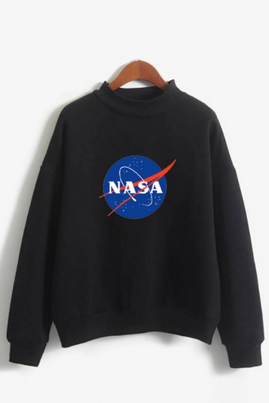Stylish Ladies Letter Nasa Printed Long Sleeve Mock Neck Relaxed Pullover Sweatshirt
