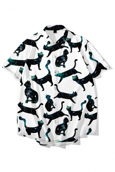 Trendy Guys Allover Cat Printed Short Sleeve Turn-down Collar Button up Curved Hem Loose Shirt