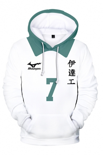 Trendy Mens White Contrasted Letter Number 3D Cosplay Print Long Sleeve Drawstring Kangaroo Pocket Relaxed Hoodie