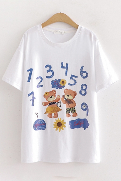 Trendy Womens Number Cartoon Bear Graphic Short Sleeve Round Neck Relaxed Fit T Shirt in White