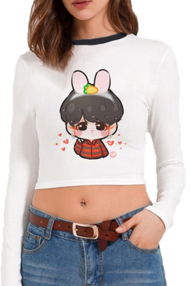 White Sexy Cartoon Pattern Long Sleeve Contrasted Crew Neck Slim Fit Cropped Tee Top for Ladies