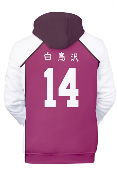 3D Cosplay Number Letter Graphic Contrasted Long Sleeve Drawstring Pouch Pocket Trendy Hoodie in Purple