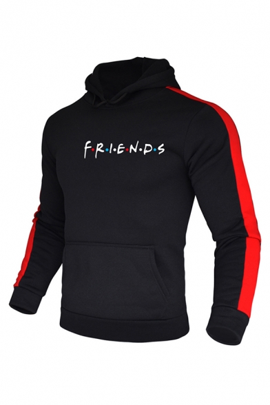 Basic Letter Friends Contrasted Long Sleeve Drawstring Pouch Pocket Slim Fit Hoodie for Men