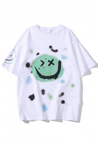 Cartoon Face Patterned Short Sleeve Crew Neck Relaxed Fashion Tee Top for Men