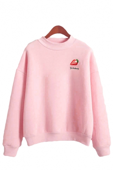 Casual Strawberry Graphic Long Sleeve Mock Neck Loose Fitted Pullover Sweatshirt for Girls
