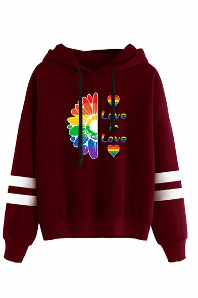 Colorful Letter Proud Lip Graphic Varsity Stripe Long Sleeve Drawstring Loose Cool Hoodie for Girls