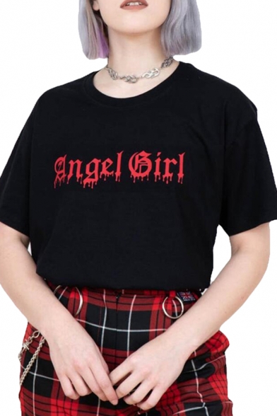 Cool Womens Letter Angel Girl Printed Short Sleeve Round Neck Loose T Shirt