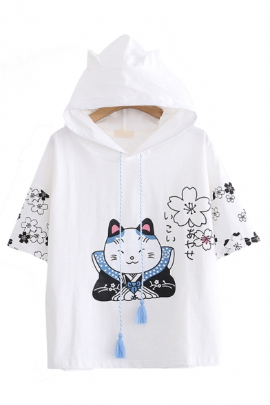 Fashion Cartoon Cat Flower Printed Short Sleeve Hooded Drawstring Relaxed T Shirt for Women