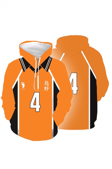 Fashionable Mens Number 4 Footprint Graphic Contrasted Long Sleeve Drawstring Loose Orange Hoodie with Pocket
