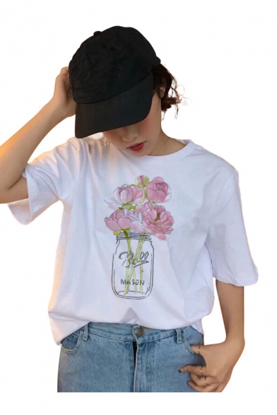 Flower Patterned Short Sleeve Crew-neck Relaxed Fitted Popular T Shirt in White