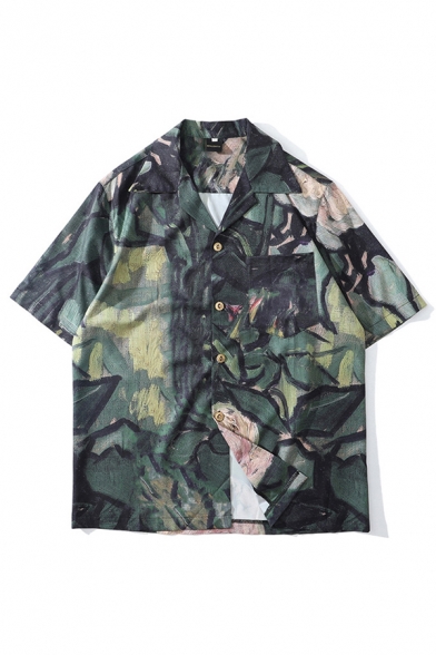 Harajuku Green Allover Cartoon Printed Short Sleeve Lapel Collar Button up Chest Pocket Loose Fit Shirt for Men