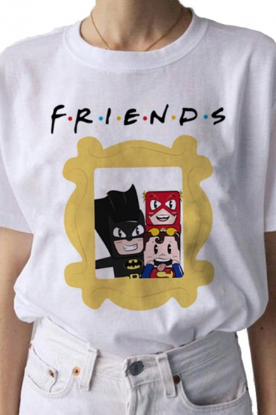 Letter Friends Cartoon Graphic Short Sleeve Crew Neck Relaxed Basic T-shirt in White