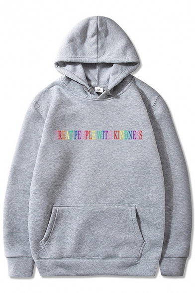 Letter Treat People with Kindness Print Long Sleeve Drawstring Pouch Pocket Loose Trendy Hoodie for Men