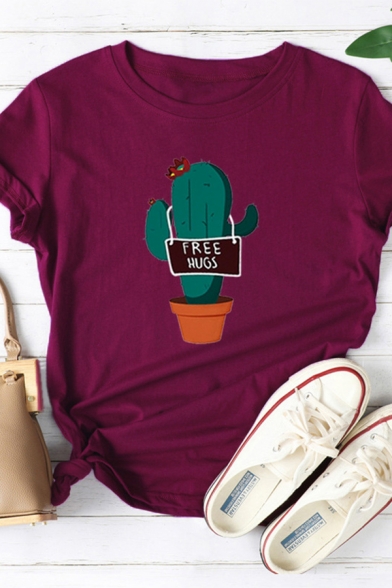 Popular Womens Letter Free Hugs Cactus Graphic Rolled Short Sleeve Crew Neck Slim Fitted T Shirt