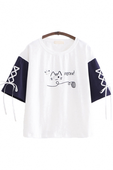 Preppy Girls Letter Meow Cat Embroidered Lace-up Contrasted Half Sleeves Round Neck Relaxed Fit T-shirt