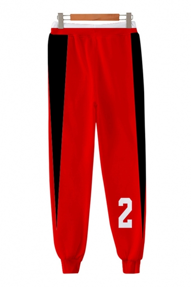 Sportswear Drawstring Waist Number Pattern Contrasted Cuffed Ankle Carrot Fit Sweatpants for Men