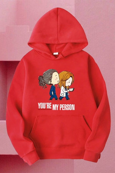 Stylish Boys Letter You're My Person Cartoon Figure Graphic Long Sleeve Kangaroo Pocket Relaxed Hoodie