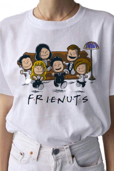 Summer Girls White Letter Frienuts Cartoon Figures Graphic Short Sleeve Crew Neck Loose T Shirt