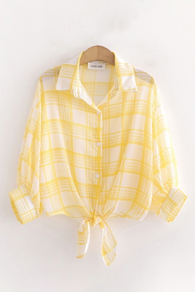 Trendy Womens Plaid Printed Rolled Long Sleeve Spread Collar Button down Tied Hem Loose Shirt Top