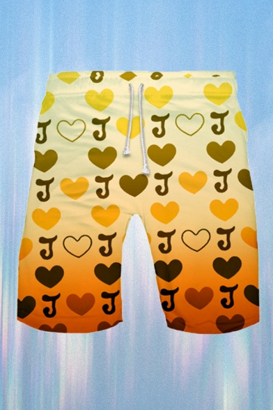 Yellow All over Letter J Heart Graphic Ombre Drawstring Waist Slim Fit Leisure Shorts for Women