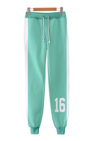 Athletic Boys Green Number Print Contrasted Drawstring Waist Cuffed Ankle Tapered-Fit Sweatpants
