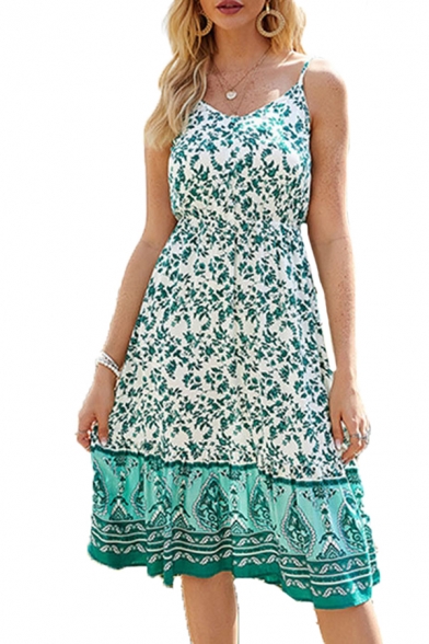 Beach Womens All over Floral Printed V-neck Midi Pleated A-line Cami Dress