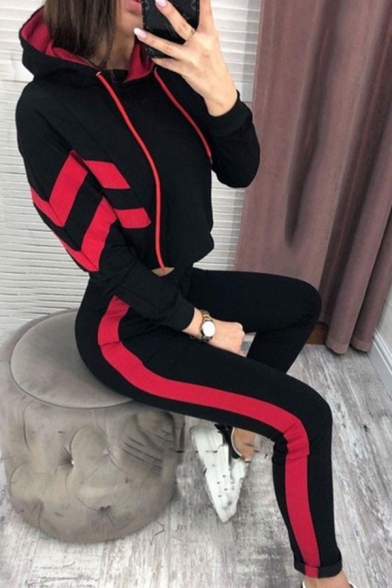 Chic Womens Chevron Printed Long Sleeve Drawstring Loose Crop Hoodie & Contrasted Ankle Fitted Pants Set
