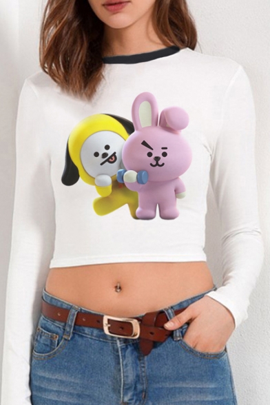 Cute Girls Cartoon Printed Long Sleeve Round Neck Fitted Crop Tee Top in White