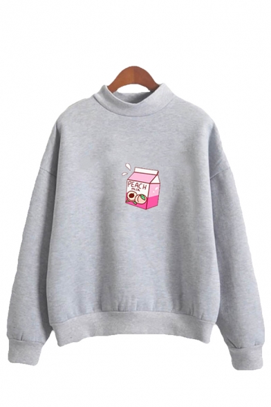 Cute Girls Peach Juice Patterned Long Sleeve Mock Neck Loose Pullover Sweatshirt