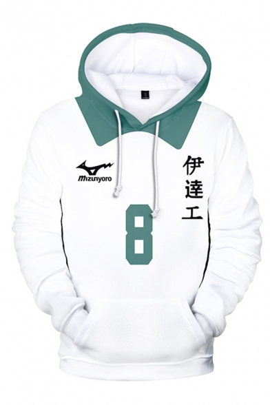 Designer Japanese Letter 11 3D Cosplay Pattern Contrasted Long Sleeve Drawstring Loose White Hoodie with Pocket