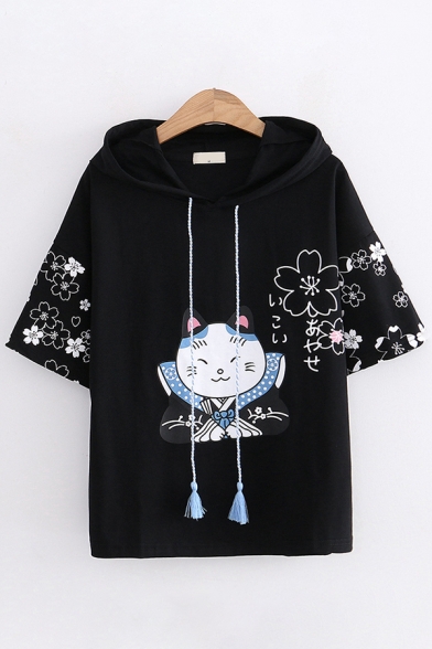 Fashion Cartoon Cat Flower Printed Short Sleeve Hooded Drawstring Relaxed T Shirt for Women