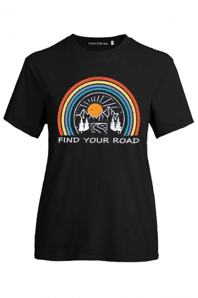 Fashion Letter Find Your Road Rainbow Graphic Short Sleeve Crew Neck Regular Fit Tee Top in Black
