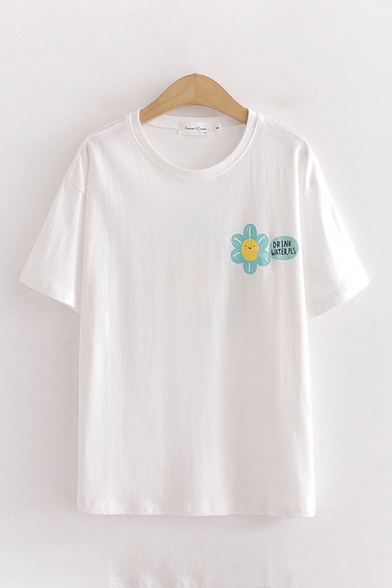 Fashionable Womens Floral Printed Short Sleeve Round Neck Loose Fit T Shirt in White