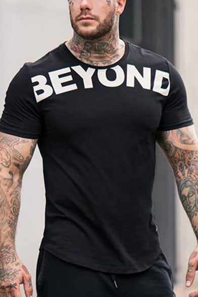 Gym Guys Letter Beyond Print Short Sleeve Crew Neck Slim Fit T-shirt
