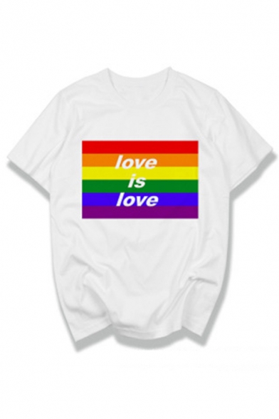Mens Letter Love Is Love Rainbow Graphic Short Sleeve Crew Neck Relaxed Chic T-Shirt in White