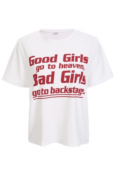 Novelty Womens Letter Good Girl Go to Heaven Bad Girl Go to Backs tage Printed Short Sleeve Crew Neck Regular Fit White Tee Top