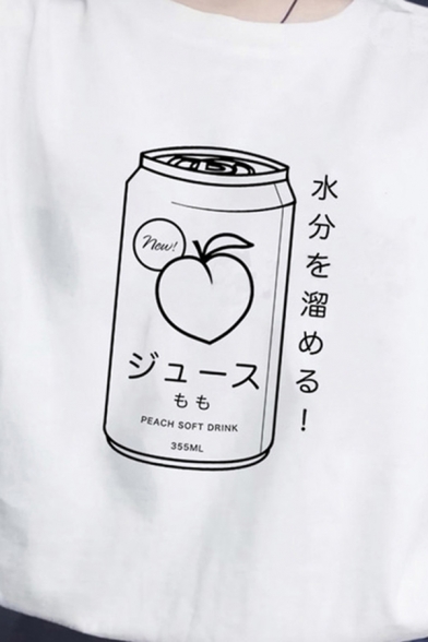Popular Letter Japanese Letter Juice Graphic Short Sleeve Crew Neck Loose T Shirt in White