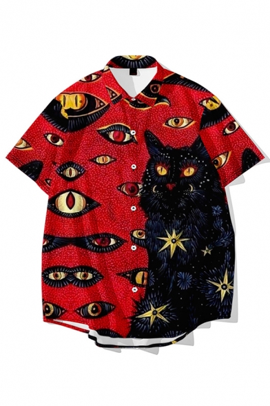 Popular Mens Cartoon Eyes Cat Printed Short Sleeve Turn-down Collar Button up Oversize Shirt Top