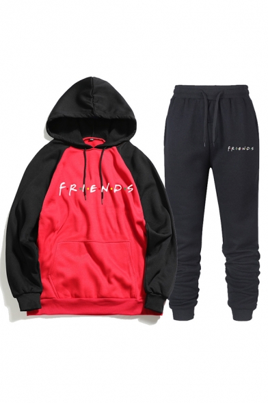 Popular Mens Letter Friends Print Contrasted Long Sleeve Drawstring Pouch Pocket Loose Hoodie & Ankle Relaxed Sweatpants Set
