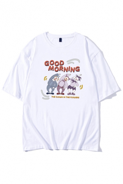 Popular Mens Letter Good Morning Clown Graphic Short Sleeve Crew Neck Oversize Tee Top