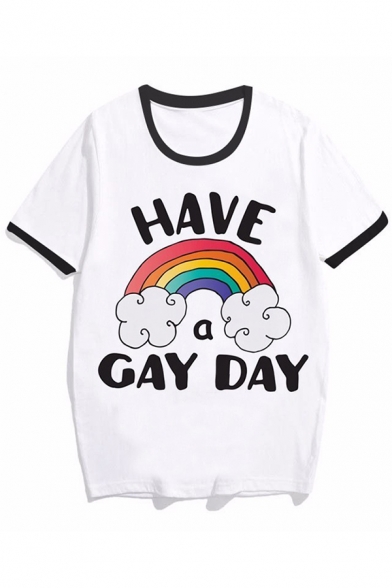 Popular White Letter Gay Rainbow Graphic Relaxed Fit Ringer Tee Top for Women