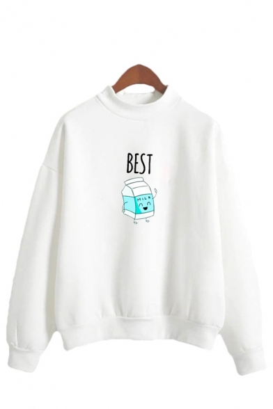 Popular Womens Letter Best Milk Graphic Long Sleeve Mock Neck Loose Pullover Sweatshirt