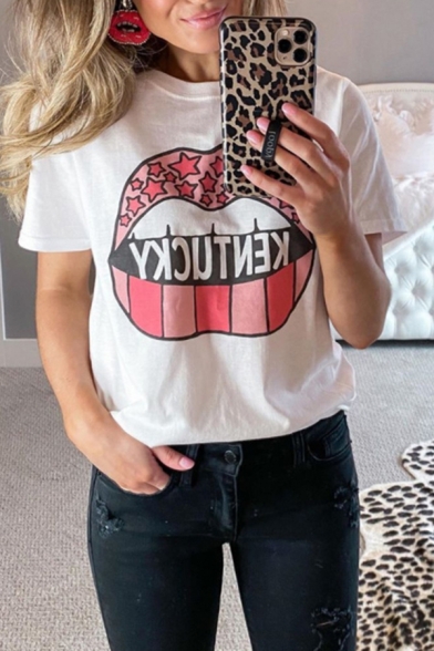 Popular Womens Letter Cartoon Lip Graphic Short Sleeve Crew Neck Relaxed T Shirt in White