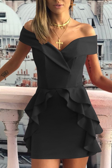 Popular Womens Solid Color Off the Shoulder Ruffled Trim Short Fitted Dress for Special Occasion