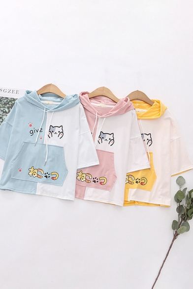 Preppy Girls Color Block Three Quarter Sleeves Hooded Drawstring Letter Give Cat Graphic Pouch Pocket Relaxed T-Shirt