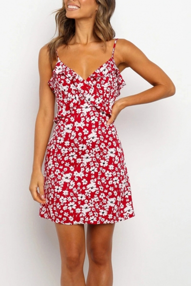 Sexy Girls All over Flower Printed Ruffled Trim Spaghetti Straps Short A-line Cami Dress in Red